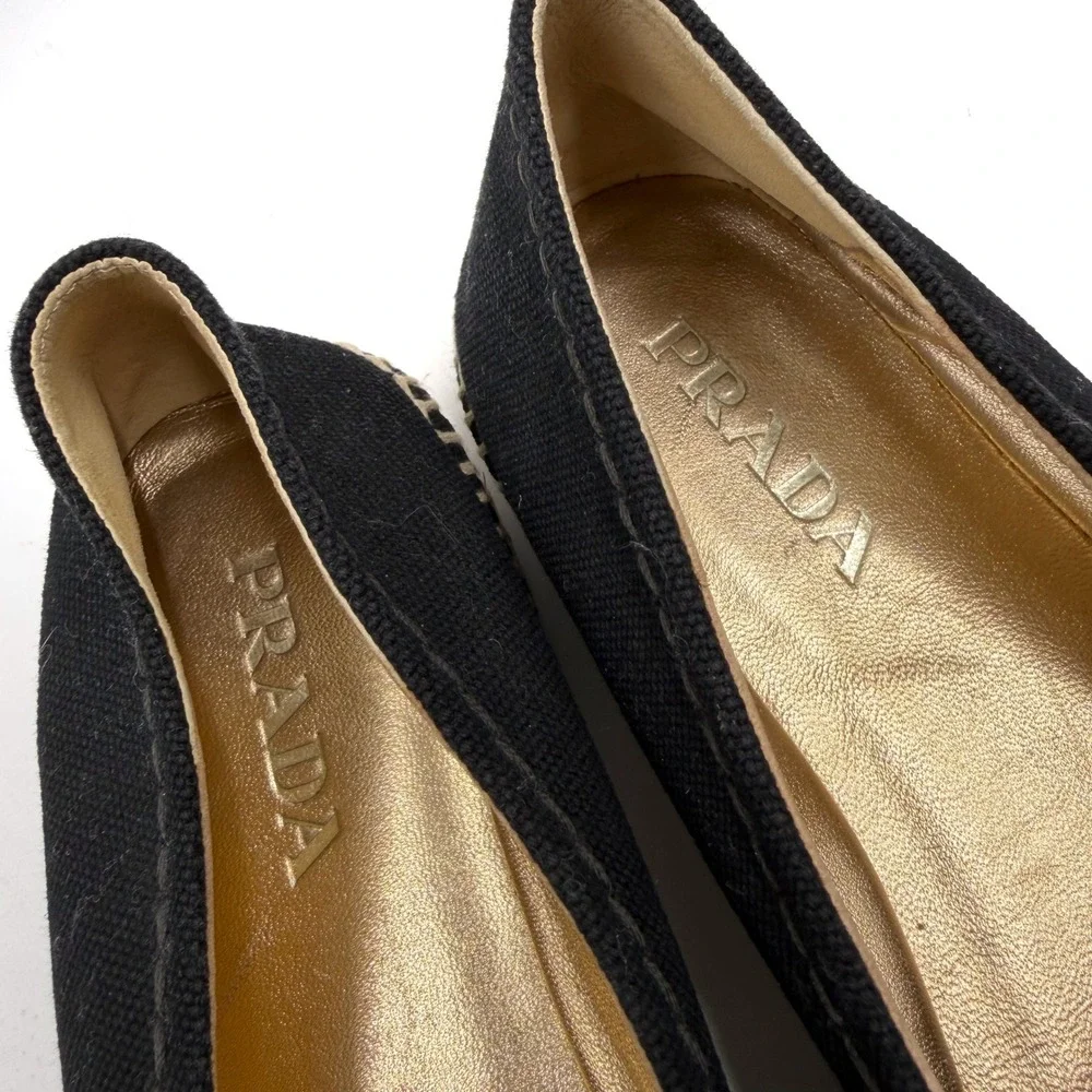 Prada Logo Espadrilles Black Canvas Gold Red Embroidered Flats Sz 36 / 6